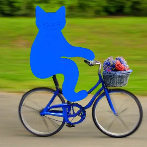 Prompt: a cat is riding a bike. the bike is blue. the cat is red