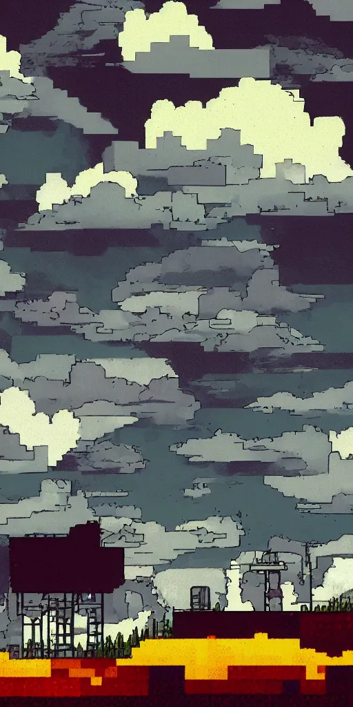 Prompt: 2D post-industrial landscape with distorted clouds, 8 bits graphics, flat, SNES game, crushed quality, low contrast, low light, color gradient, low saturation, heavy color compression filter, corrupted data