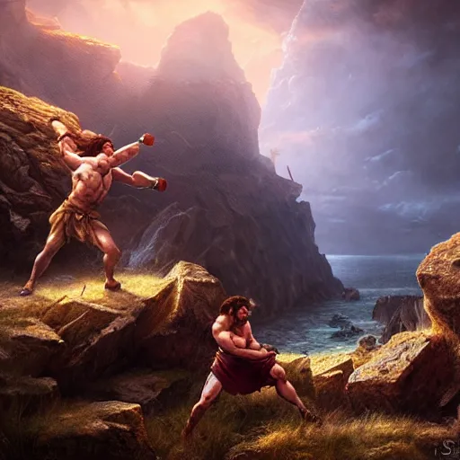 Prompt: Hercules clashing Perseus next to a cliff, artwork by Stefan Kopinski and Guillem H. Pongiluppi, photo realistic, atmospheric lighting, HDR, high detail