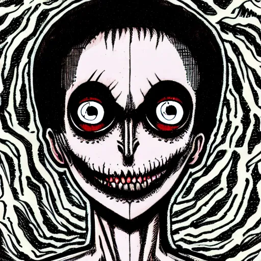 Image similar to a dark brown humanoid, hyper detailed, in the style of junji ito and and junji ito and junji ito, selfie