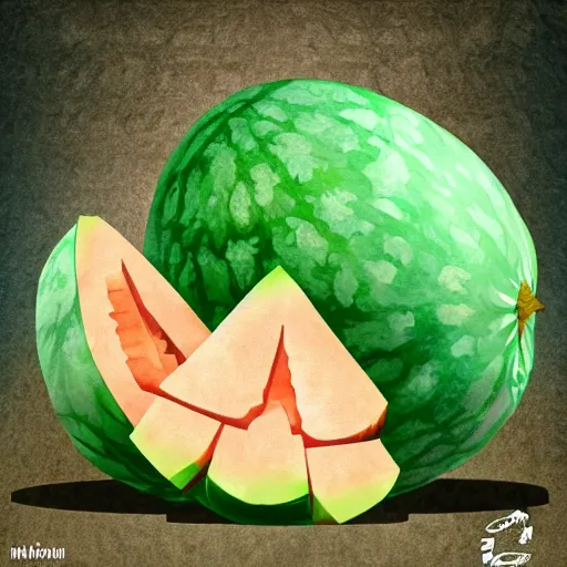 Prompt: An atronach made of melons, digital art, high quality, 8k