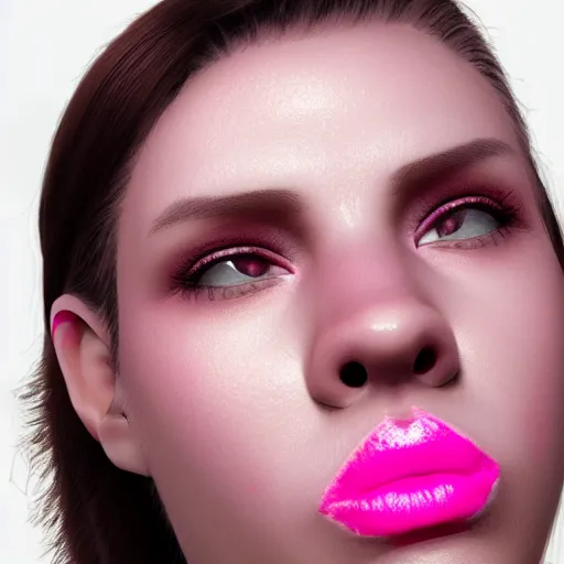 Image similar to pink lipstick with a face on it, realistic, detailed, pretty, octane render, studio lighting