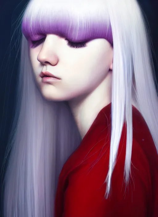 Image similar to hair whitebangs hair, black hair, whitebangs, portrait of teenage girl with white bangs, red irises, purple clothes, white bangs, bangs are different color from hair, intricate, elegant, glowing lights, highly detailed, digital painting, artstation, concept art, smooth, sharp focus, illustration, art by wlop, mars ravelo and greg rutkowski