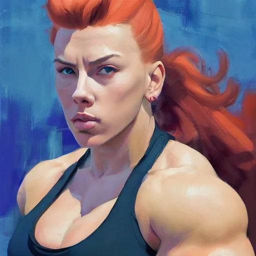 Image similar to greg manchess portrait of thick muscular weightlifter zarya from overwatch with ponytail and blond hair played by scarlett johansson showing back muscles, medium shot, asymmetrical, profile picture, organic painting, sunny day, matte painting, bold shapes, hard edges, street art, trending on artstation, by huang guangjian and gil elvgren and sachin teng