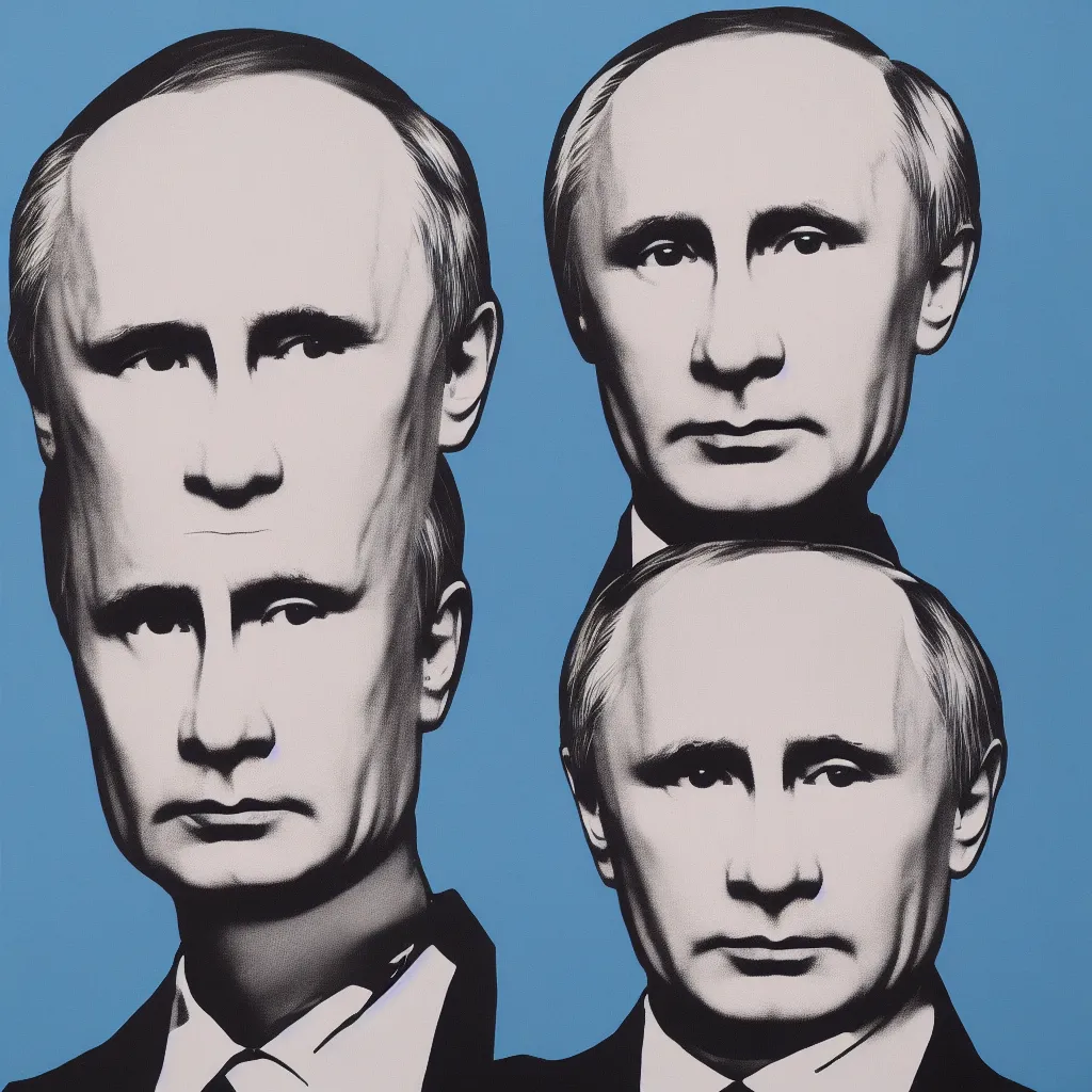 Image similar to individual silk screen portrait of putin by andy warhol