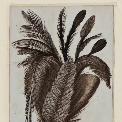 Image similar to an unknown ethnographic object, anthropology, feathers, in the style of corinthian capital by giocondo albertolli ( italian 1 7 4 2 - 1 8 3 9 ). medium : pen and brown ink, brush and gray wash on laid paper