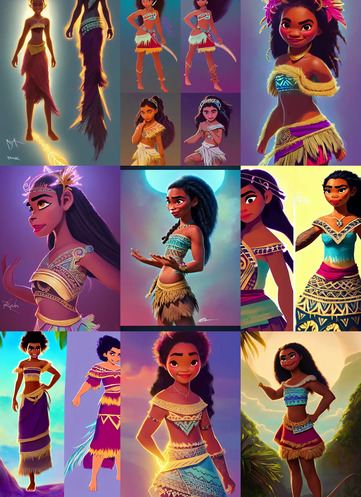 Prompt: fashion concept spot illustrations from a moana and raya and the last dragon crossover, cosplay, by nixeu, by artgerm, by greg rutkowski, iridescent and gold and crystal, fullbody, intricate jewelry, god rays, hyper detailed, character concept, glowing particulate, intricate, elegant, digital painting, artstation, smooth, sharp focus.