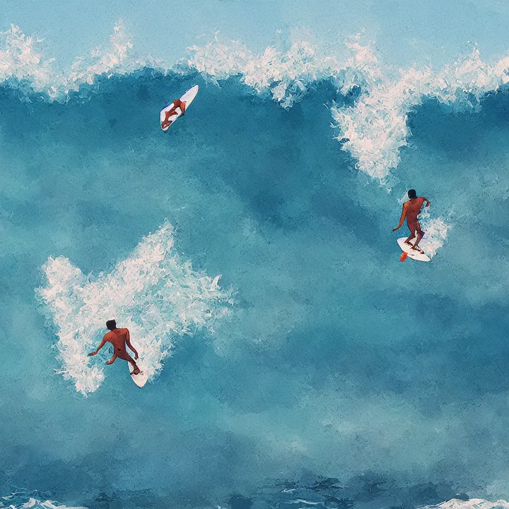 Image similar to “ a person is swimming and scared of getting crushed by a very big wave. a second person is surfing. digital art, cheerful, hawaii, blue sky ”