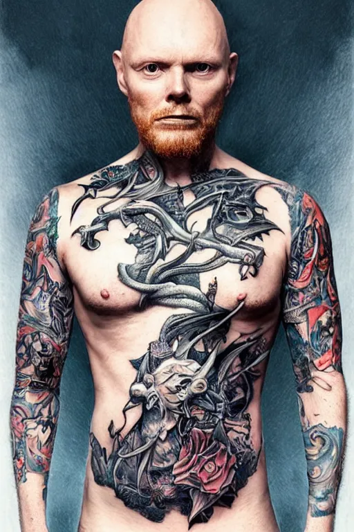 Image similar to Portrait of Bill Burr frontal standing pose torso as a very attractive man heavily Tattoed, all his skin is covered by BIKER tattoos, surrounded by magic lightings overlays, Intricate, concept art, magic lighting overlays, magical portal opened, D&D!, fantasy style, sharp focus!, ultra detailed, art by Artgerm and Peter Andrew Jones, WLUP, Magali Villeneuve