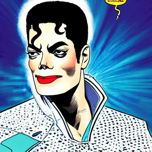 Image similar to dynamic macro head portrait of beautiful michael jackson super hero in white sequined jacket by john romita sr and cory walker and ryan ottley and jack kirby and barry windsor - smith, comic, illustration, photo real