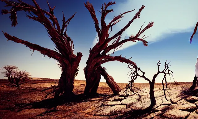 Image similar to medium shot of a crying ancient dried up Danu, peaceful, facing the camera and standing in front of a dried up river in a desolate land, dead trees, blue sky, hot and sunny, highly-detailed, elegant, dramatic lighting, artstation, 4k, cinematic landscape, photograph by Elisabeth Gadd