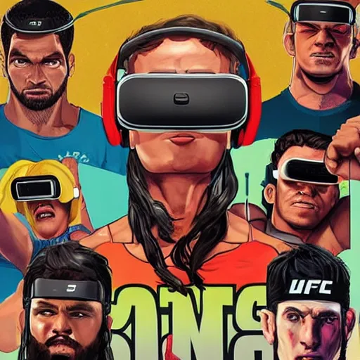 Image similar to poster art of wrestlers wearing vr headsets shrugging, shruggin arms, gta cover, apex legends, tap out, ufc, 8 k, hd, professional digital illustration by sam spratt