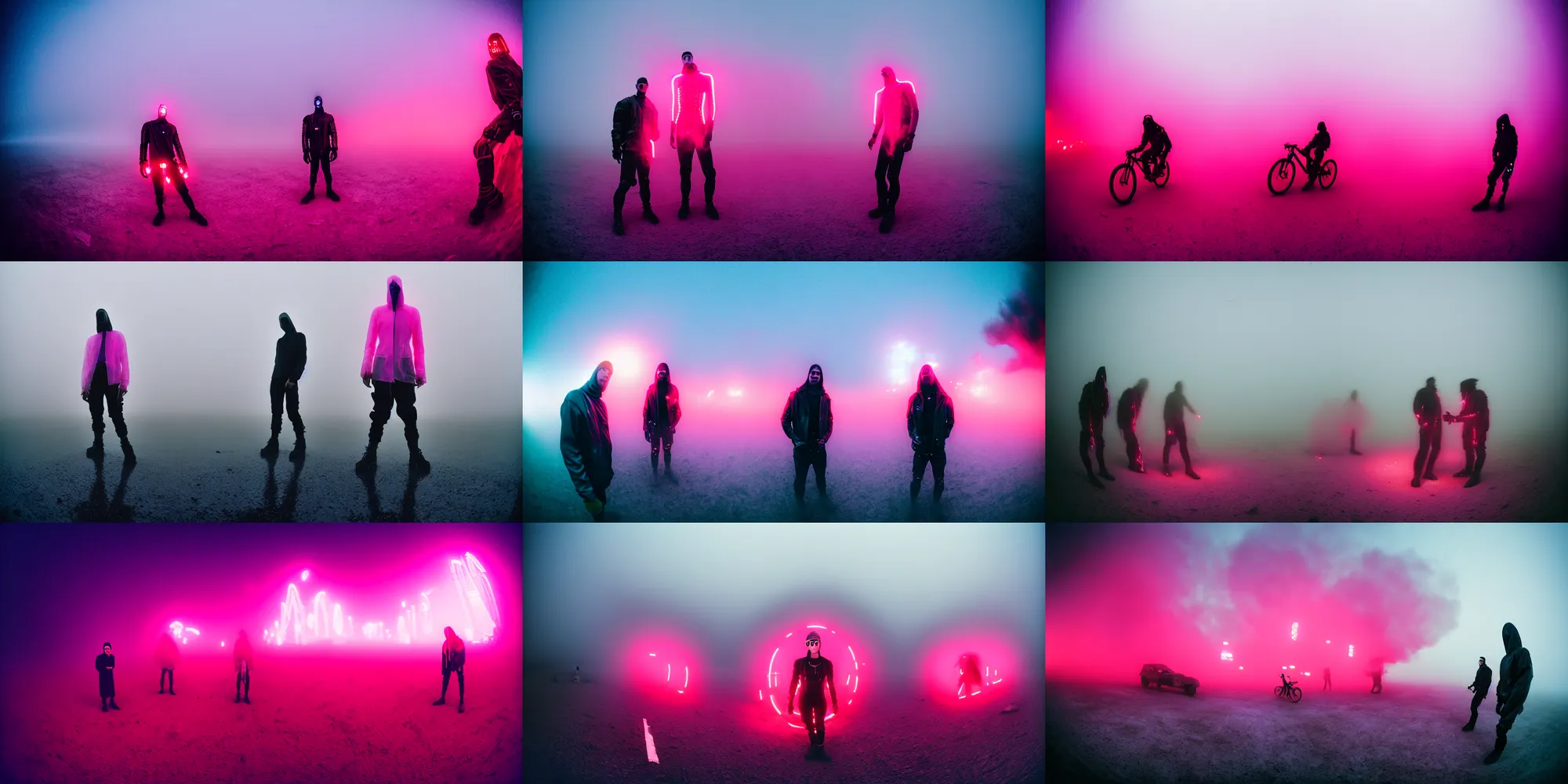 Prompt: cinestill hasselblad f 1. 2, extreme fisheye on ground level, extreme motion blur, candid photographic portrait by robert capas of 2 cyborgs wearing rugged neon pink mesh techwear in treacherous fog, burning man nevada, modern cyberpunk moody depressing cinematic, pouring rain, ultra realistic faces, ex machina