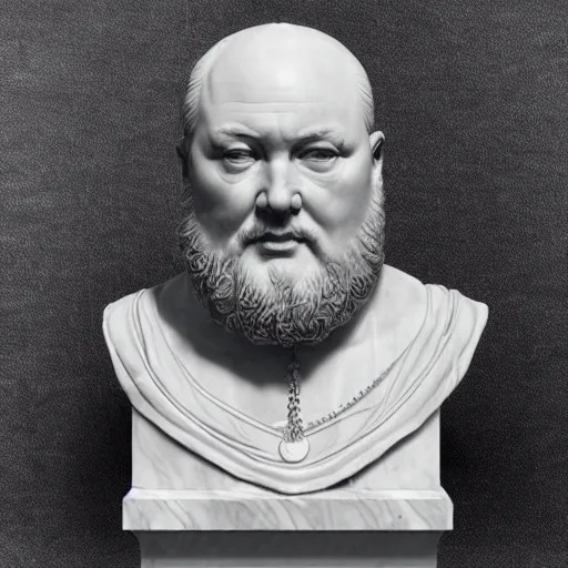Image similar to beautiful lifelike award winning marble statue bust of henry viii trending on art station artgerm greg rutkowski alphonse mucha museum quality cinematic atmospheric