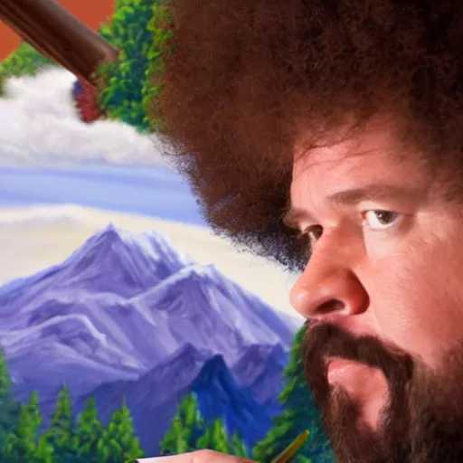 Image similar to a closeup photorealistic photograph of bob ross adding the finishing touches to a canvas painting of kenny powers. mountains and trees. film still. brightly lit scene. this 4 k hd image is trending on artstation, featured on behance, well - rendered, extra crisp, features intricate detail, epic composition and the style of unreal engine.