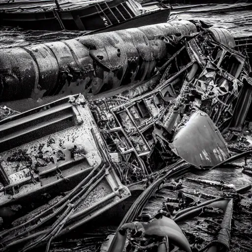 Image similar to crashed cargo ship leaking mysterious black gooey liquid, mysterious black slime, black gooey liquid leaking out of crashed cargo ship, apocalyptic, ruined, container ship, crashed, 8 5 mm f / 1. 4