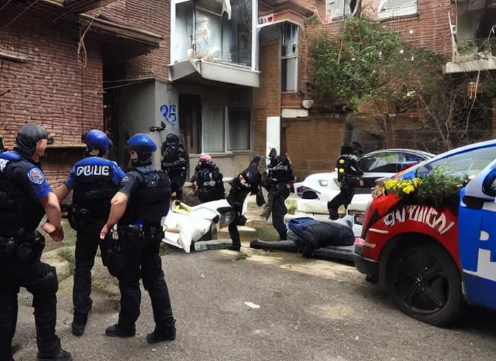 Prompt: Photo of a police raid on a colourful anarchist squat