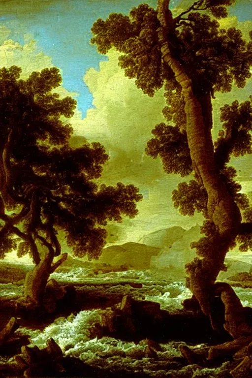 Image similar to oil painting of a old tree next to a raging river by claude lorrain