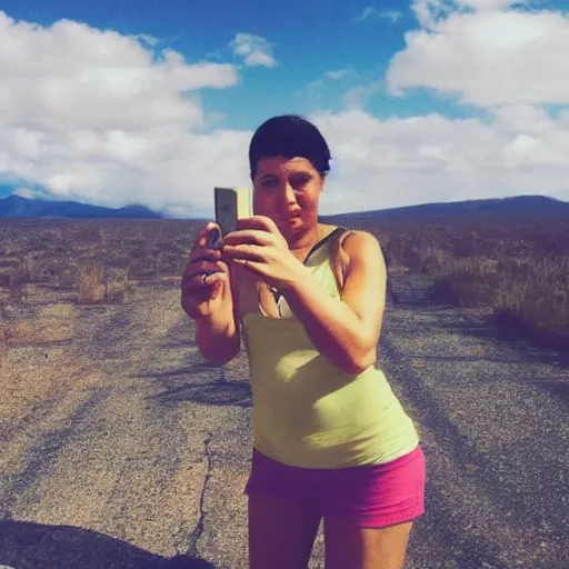 Prompt: woman takes a selfie during the end of the world