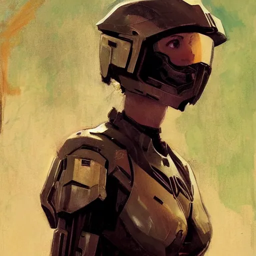 Image similar to alison brie as master chief, intricate, elegant, highly detailed, greg manchess, mucha, liepke, ruan jia, jeffrey catherine jones, ridley scott