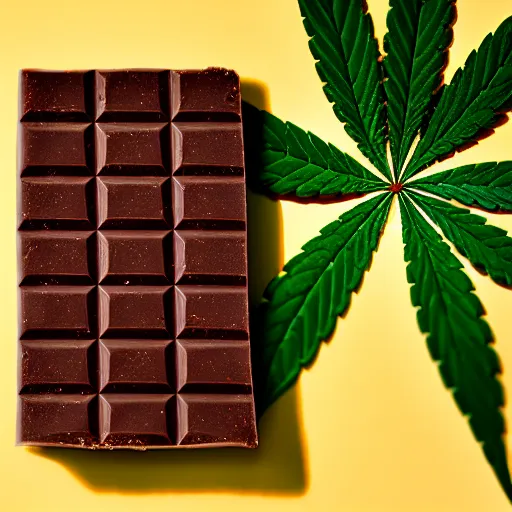 Image similar to a chocolate bar shaped like a cannabis leaf, product photography