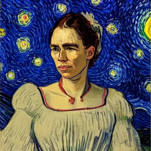 Image similar to detailed portrait of jacinda ardern as an 1890s peasant milkmaid sitting in her bedroom on a starry night painted by van gogh