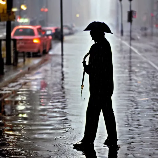 Prompt: closeup portrait of a man fishing in a puddle rainy new york street, by Steve McCurry and David Lazar, natural light, detailed face, CANON Eos C300, ƒ1.8, 35mm, 8K, medium-format print