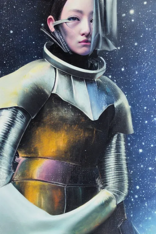 Prompt: hyperrealism oil painting, close - up portrait of medieval fashion model, knight, steel gradient mixed with nebula sky, in style of baroque mixed with 7 0 s japan book art