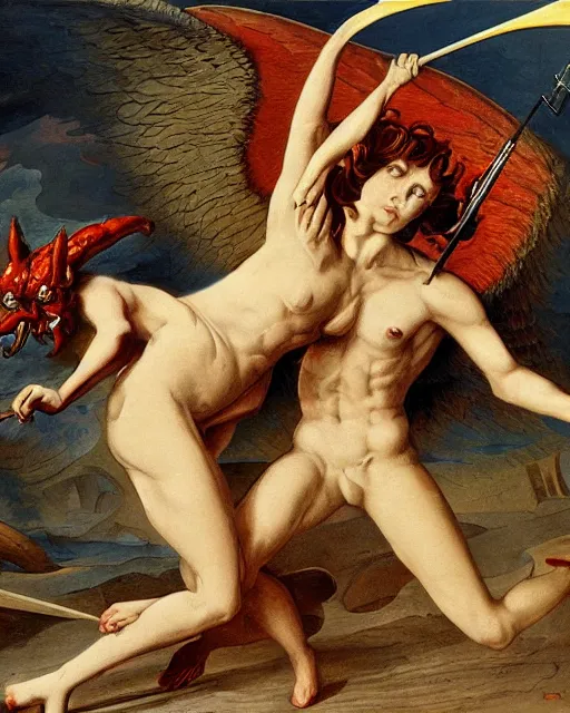 Image similar to devil fights angel, high detail, extremely detailed, very sharp, in the style of jost amman,