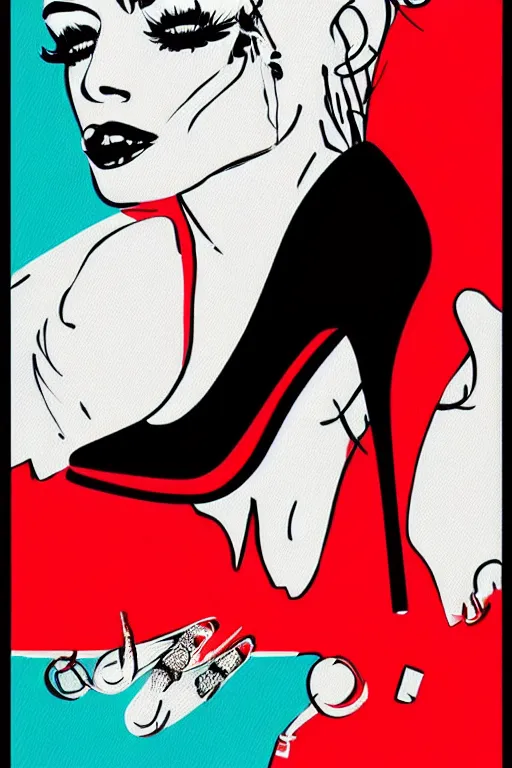 Image similar to black high heels with red bottoms, illustration, graphic design, high fashion, wall art, elegant, pop art style,