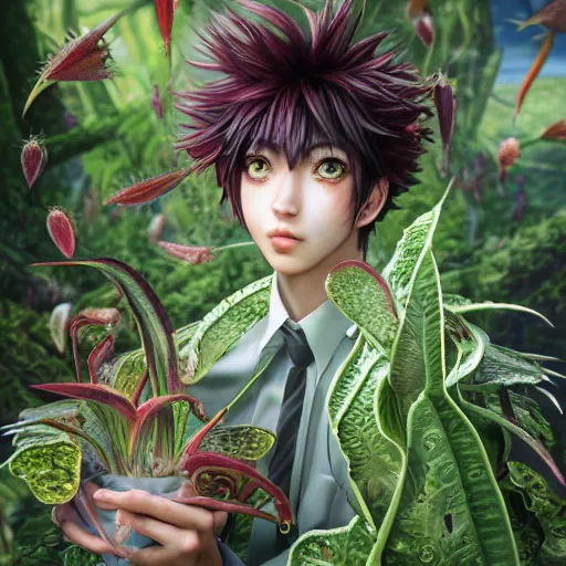 Prompt: the portrait of a beautiful, elegant, succulent venus flytrap anime man, hyperrealistic illustration by iralki nadar, reflective eyes, extremely detailed intricate linework, smooth, super sharp focus, bright colors, high contrast, matte, octopath traveler, unreal engine 5 highly rendered, global illumination, radiant light, 8 k