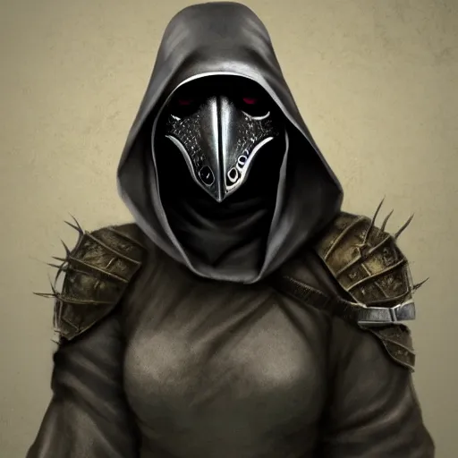 Image similar to female plague doctor donning a black hood, steel armor and a white crow mask, trending on artstation