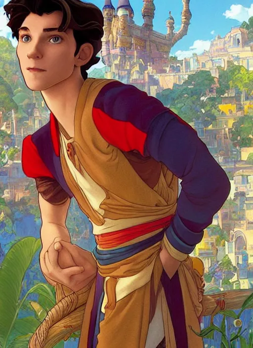 Image similar to skinny young tom holland as prince ali ababwa, iago perched nearby, natural lighting, path traced, highly detailed, high quality, beautiful digital painting, by don bluth and ross tran and studio ghibli and alphonse mucha, artgerm