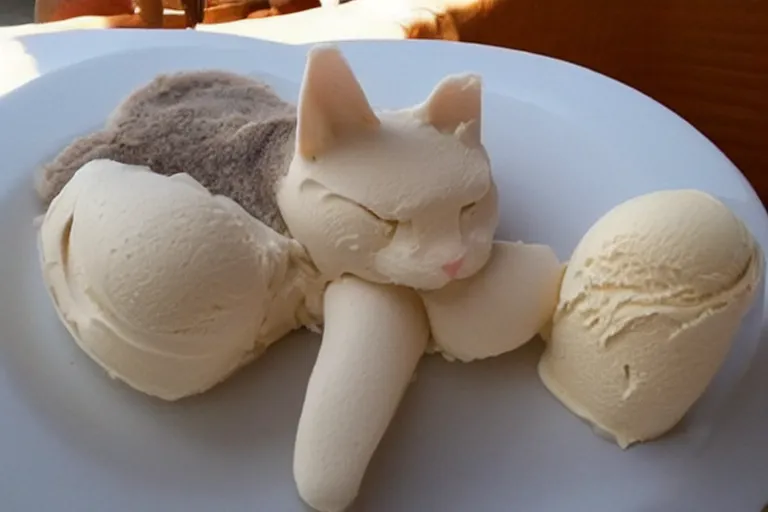 Image similar to cat made of ice cream, frozen desert in the shape of a cat