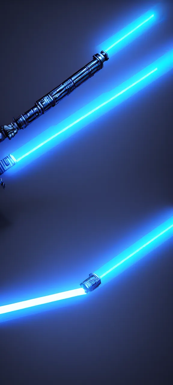 Image similar to detailed cinematic render, of a blue cyberpunk lightsaber lying vertically, in a dark room, photo from above, octane render 8 k, digital art, lightsaber wallpaper 4 k, ray tracing, jedi fallen order lightsaber wallpaper 4 k, cal kestis lightsaber wallpaper