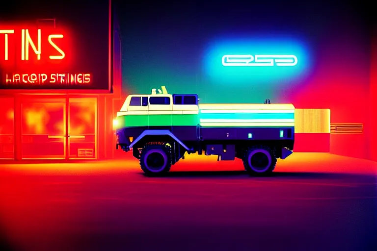 Prompt: stylized poster of an himars concept, thick neon lights, ektachrome photograph, volumetric lighting, f 8 aperture, cinematic eastman 5 3 8 4 film