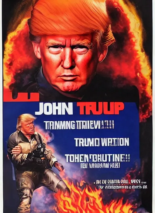 Prompt: an 8 0's john alvin action movie poster of donald trump starring in dumpster fire. explosions.