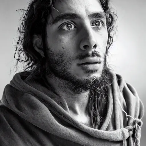 Image similar to professional close - up portrait photograph of a bohemian jewish prophet in his 2 0 s wearing a white hooded wizards robe. cinematic, epic framing, deep emotion. game if thrones character.