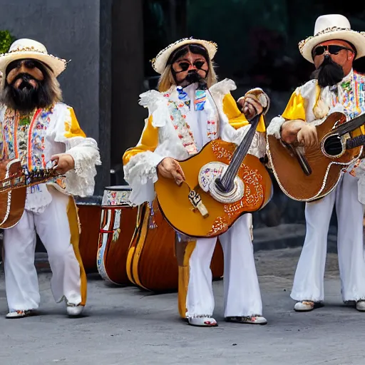 Prompt: a cream-colored Havanese shih tzu dogs dressed as mariachi musicians playing in a mariachi dog band, at fiesta in Mexico, Leica 35mm, 4K