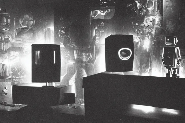 Image similar to robot staring at her reflection in a mirrored monolith, from 1977, in a tiki bar, volumetric lighting, surrounded by crt monitors, low-light photograph, in the style of jack bridgeland