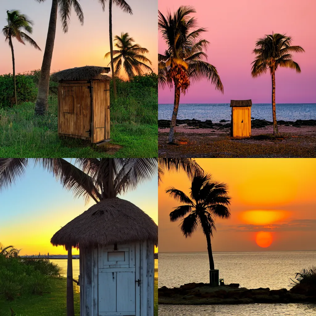 Prompt: A single outhouse on a small island next to a palm tree at sunset
