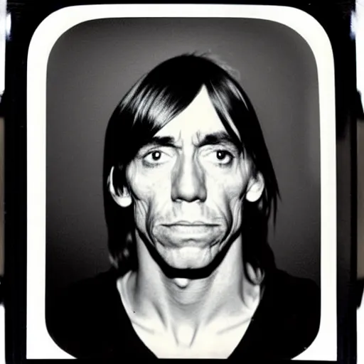 Prompt: Mugshot Portrait of Young Iggy Pop, taken in the 1970s, photo taken on a 1970s polaroid camera, grainy, real life, hyperrealistic, ultra realistic, realistic, highly detailed, epic, HD quality, 8k resolution, body and headshot, film still, front facing, front view, headshot and bodyshot, detailed face, very detailed face