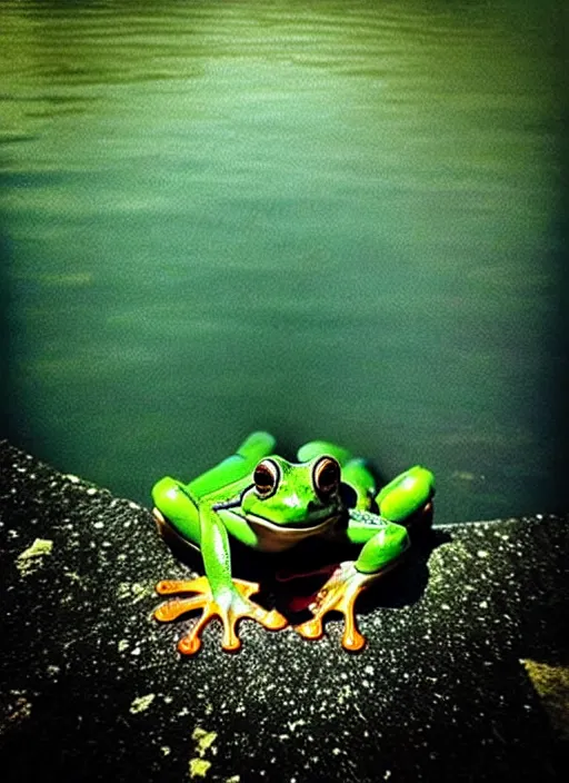 Prompt: “smiling frog vertically hovering over misty lake waters in jesus christ pose, semi translucent frog body, low angle, long cinematic shot by Andrei Tarkovsky, paranormal, eerie, mystical”