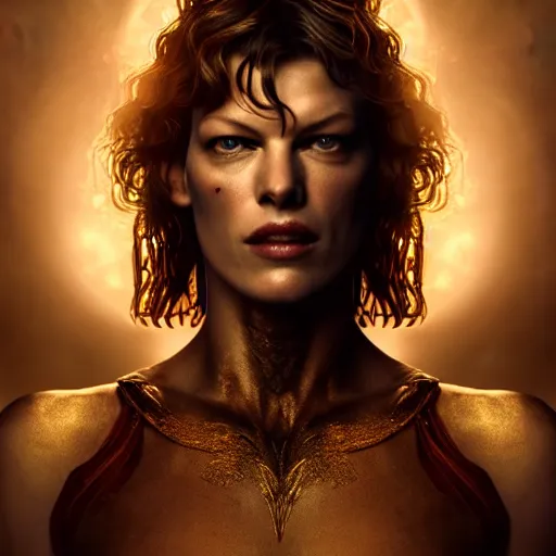 Image similar to milla jovovich as majestic gracious regal goddess persephone portrait, ancient greece, elysium, atmospheric lighting, painted, intricate, volumetric lighting, beautiful, rich deep colours masterpiece, golden hour, sharp focus, ultra detailed, by leesha hannigan, ross tran, thierry doizon, kai carpenter, ignacio fernandez rios