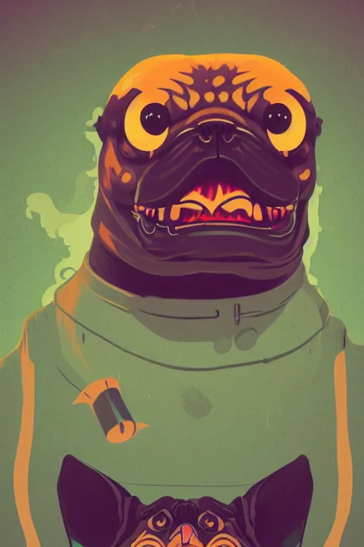 Image similar to demon pug eating flesh. art by mike winkelmann, sticker, colorful, illustration, highly detailed, simple, smooth and clean vector curves, no jagged lines, vector art, smooth