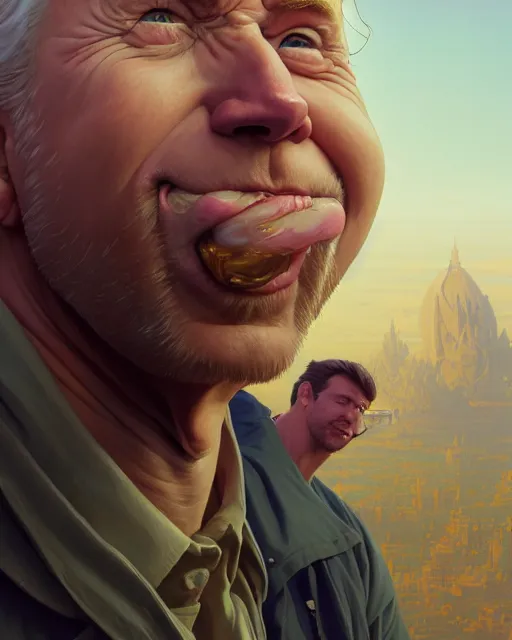 Image similar to highly detailed vfx portrait of a drooling joe biden, stephen bliss, unreal engine, greg rutkowski, loish, rhads, beeple, makoto shinkai and lois van baarle, ilya kuvshinov, rossdraws, tom bagshaw, alphonse mucha, global illumination, detailed and intricate environment