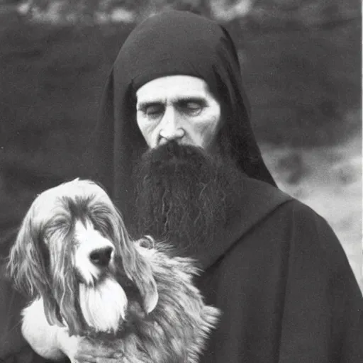 Prompt: photo of breton monks looking like rasputin with a dog and a goat, village ritualistic