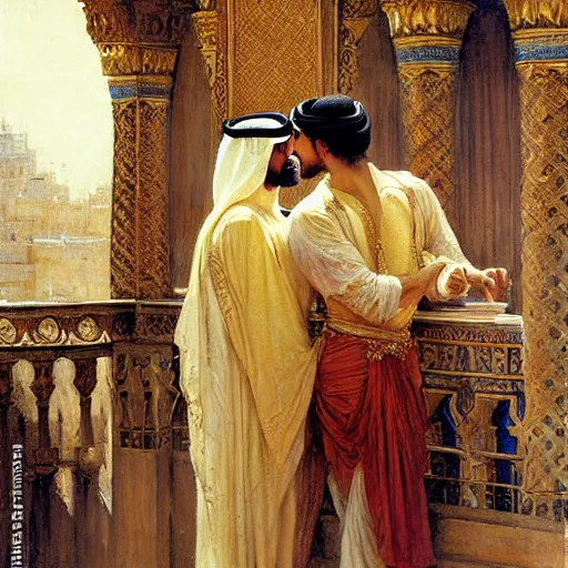 Image similar to attractive arab king confesses that is in love with his attractive male prince, in balcony of palace, above a river. highly detailed painting by gaston bussiere, craig mullins, j. c. leyendecker