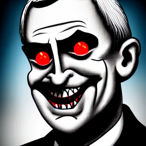 Image similar to bright demonic glowing eyes, digital illustration of secretary of denis mcdonough face, cover art of graphic novel, evil laugh, menacing, Machiavellian puppetmaster, villain, clean lines, clean ink