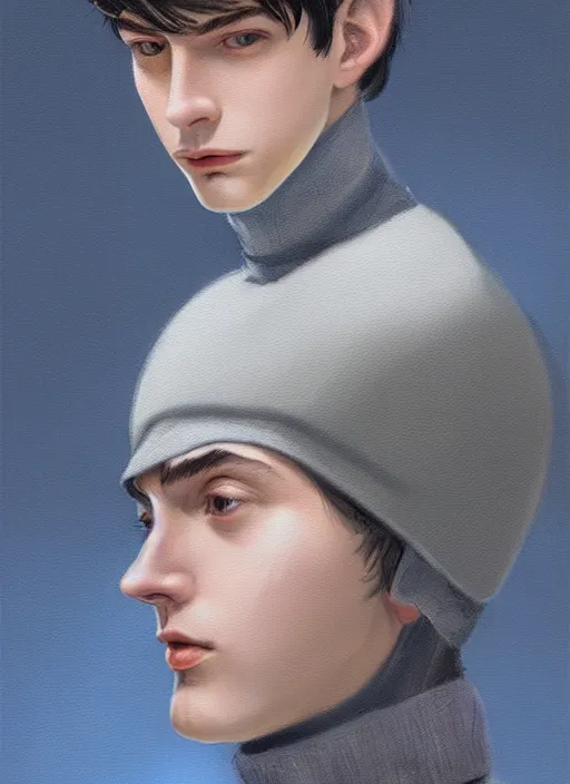 Prompt: portrait of teenage jughead jones, wearing a light grey crown, light grey crown, blue turtleneck, 1 9 5 0 s, intricate, elegant, glowing lights, highly detailed, digital painting, artstation, concept art, smooth, sharp focus, illustration, art by wlop, mars ravelo and greg rutkowski